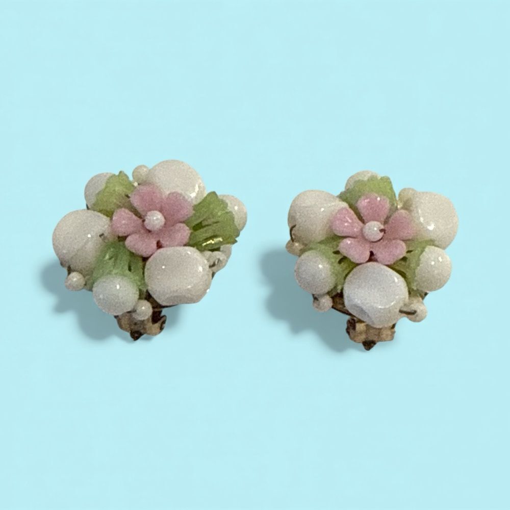 Glass vintage 1960’s Floral Clip-On Earrings with Pink and Green Accents